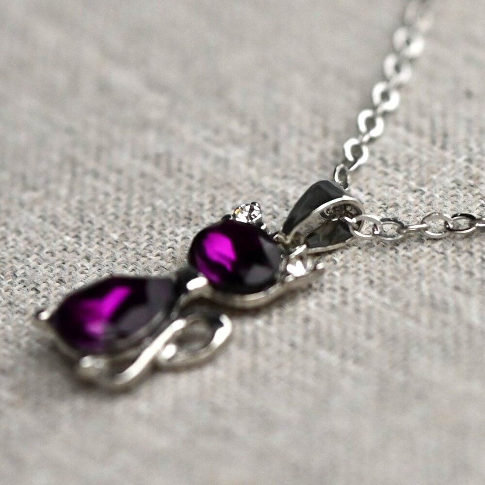 Purple amethyst colored Cat pendant necklace silver stone animal lover gift